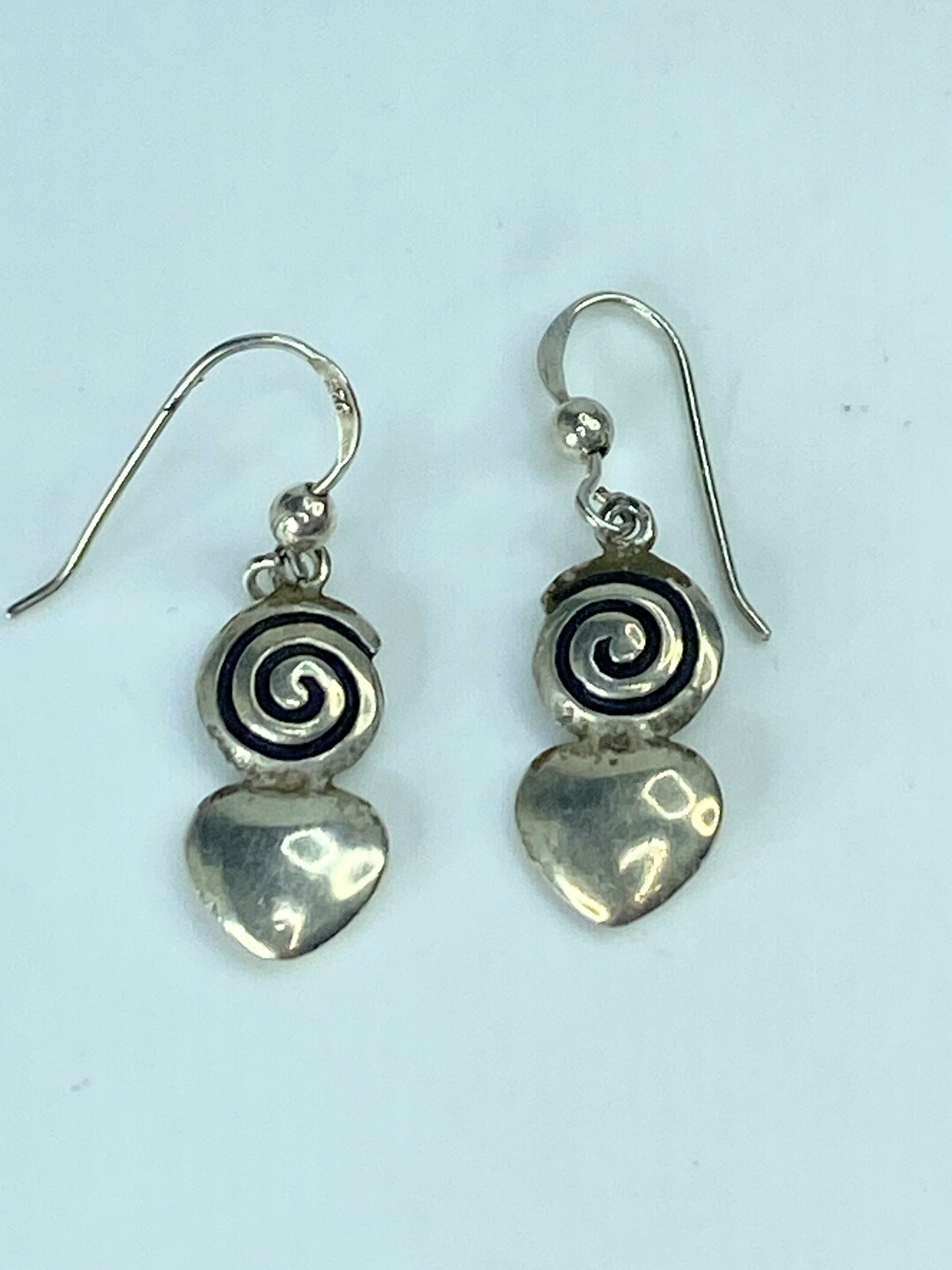 Handmade Sterling Silver black enamel Spiral Heart Dangle earrings 1 1/2" JR891