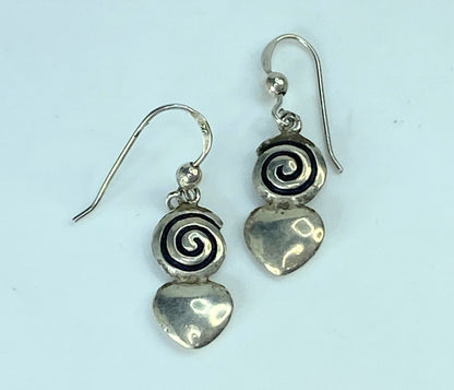 Handmade Sterling Silver black enamel Spiral Heart Dangle earrings 1 1/2" JR891