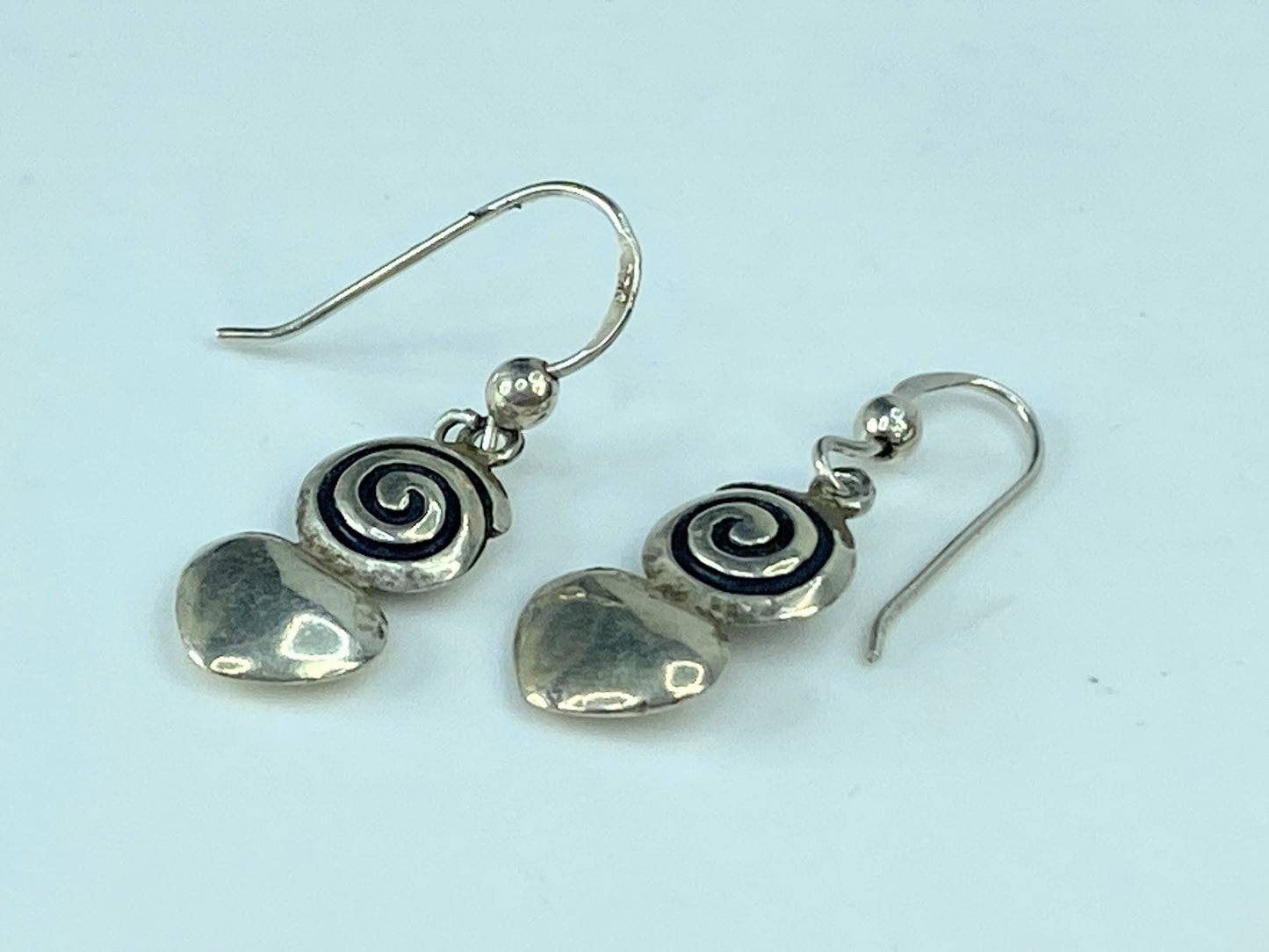 Handmade Sterling Silver black enamel Spiral Heart Dangle earrings 1 1/2" JR891