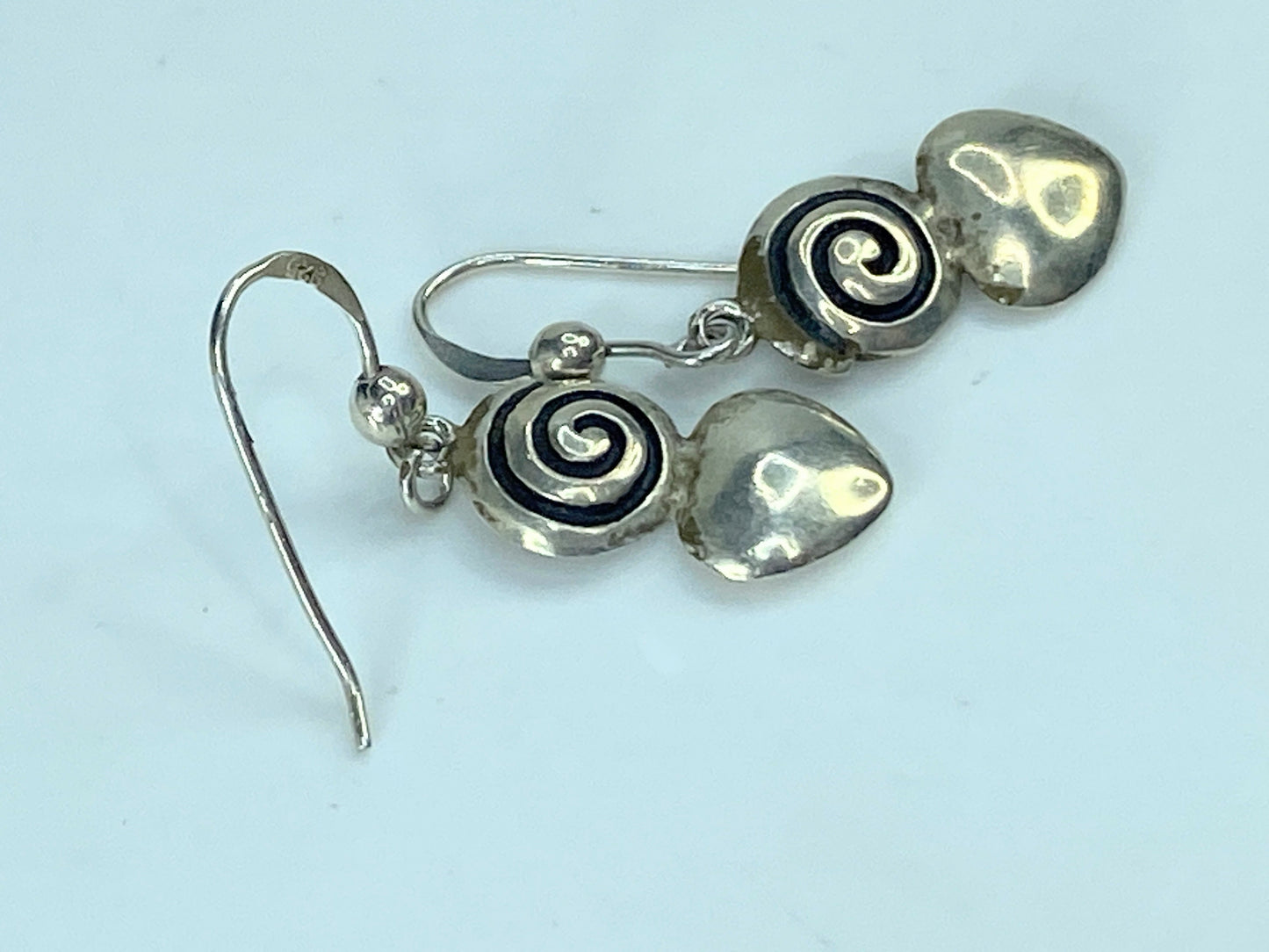 Handmade Sterling Silver black enamel Spiral Heart Dangle earrings 1 1/2" JR891
