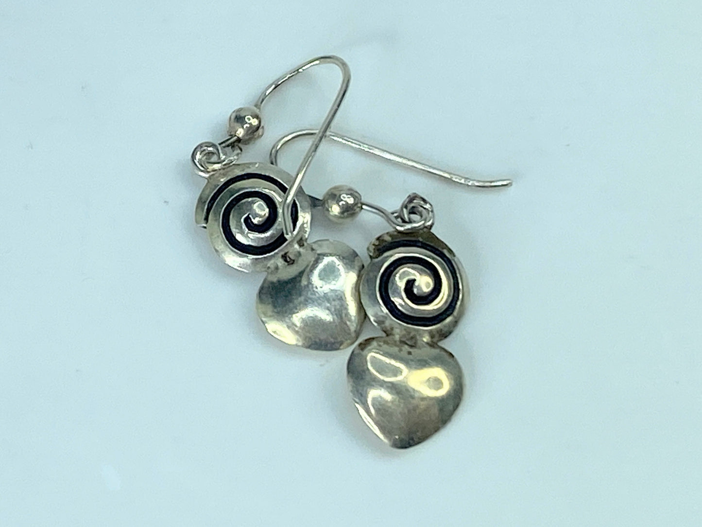 Handmade Sterling Silver black enamel Spiral Heart Dangle earrings 1 1/2" JR891