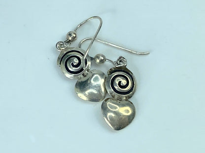Handmade Sterling Silver black enamel Spiral Heart Dangle earrings 1 1/2" JR891