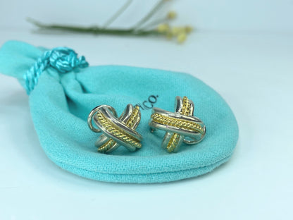 Tiffany & Co Silver 18K Gold Signature X Earrings Pierced Studs with pouch JR892