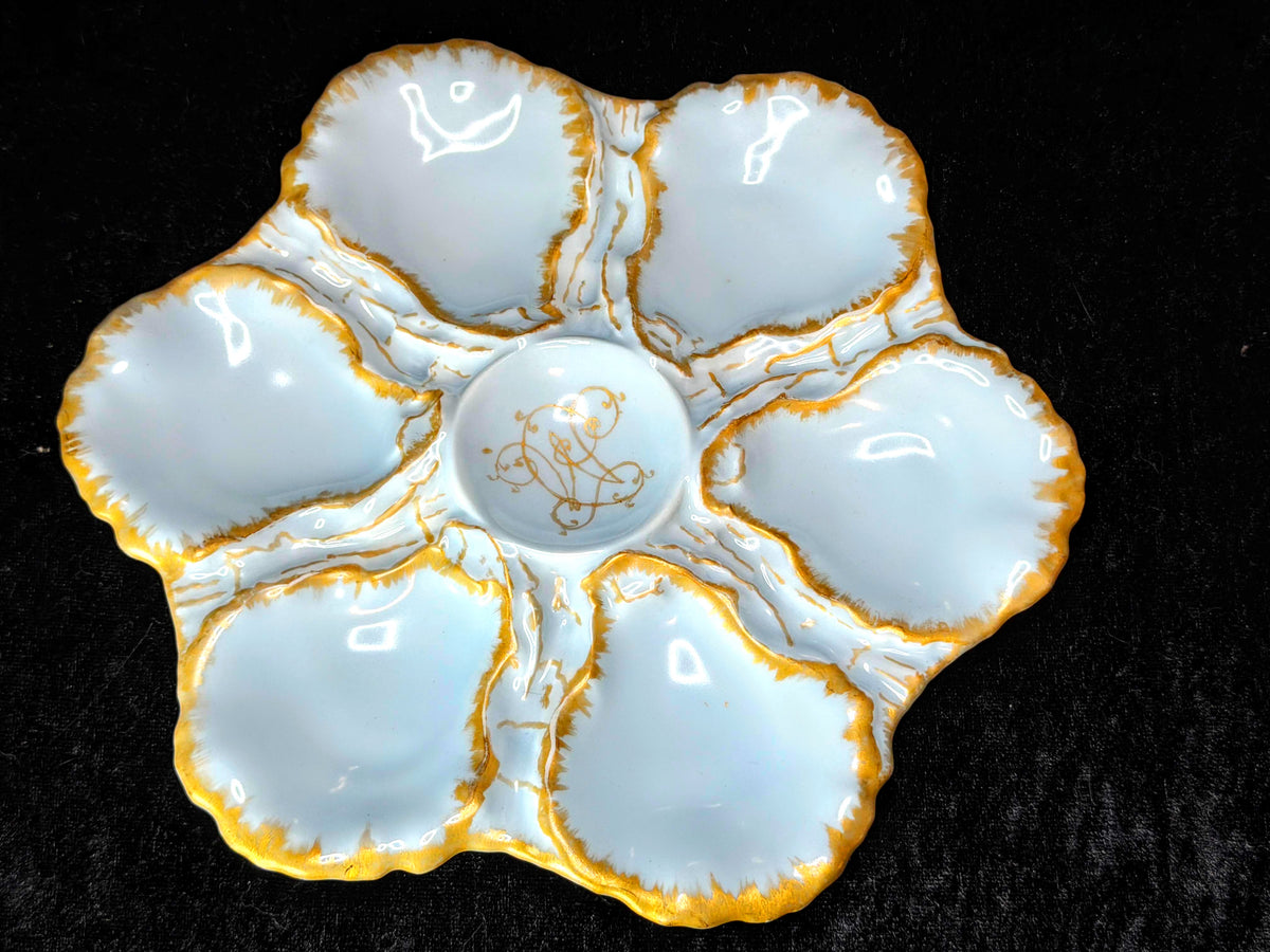 Antique Haviland & Co Limoges Oyster Plate Twinkle Blue Gold Monogram 9" A1041