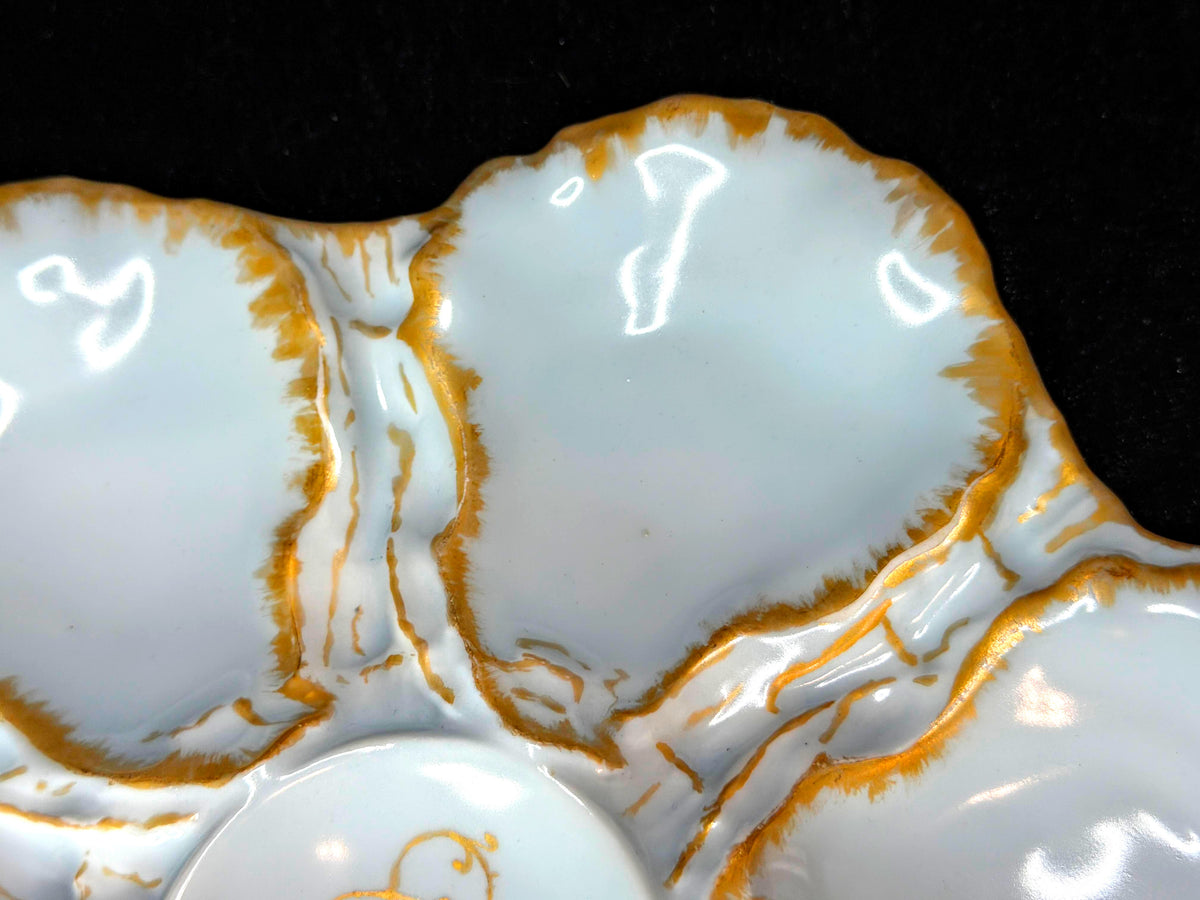 Antique Haviland & Co Limoges Oyster Plate Twinkle Blue Gold Monogram 9" A1041