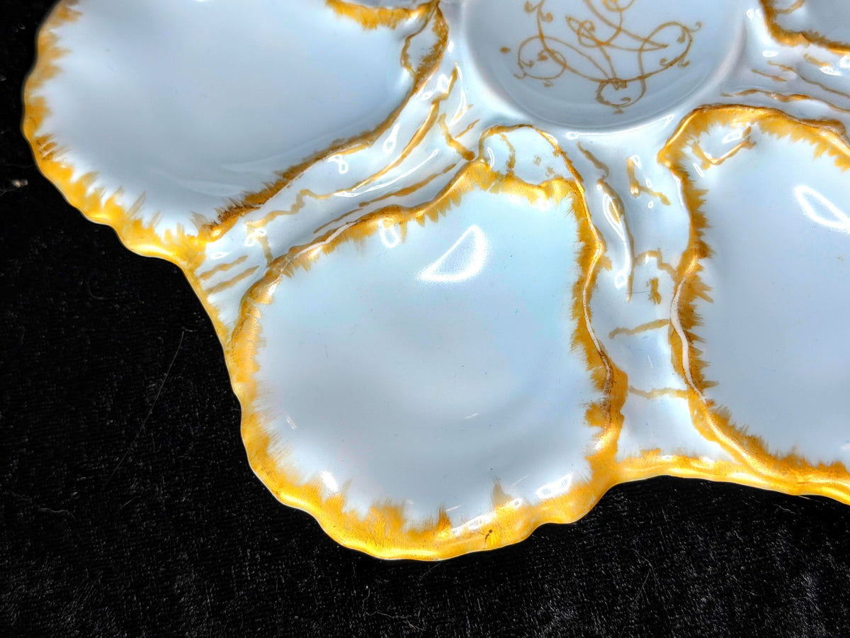 Antique Haviland & Co Limoges Oyster Plate Twinkle Blue Gold Monogram 9" A1041