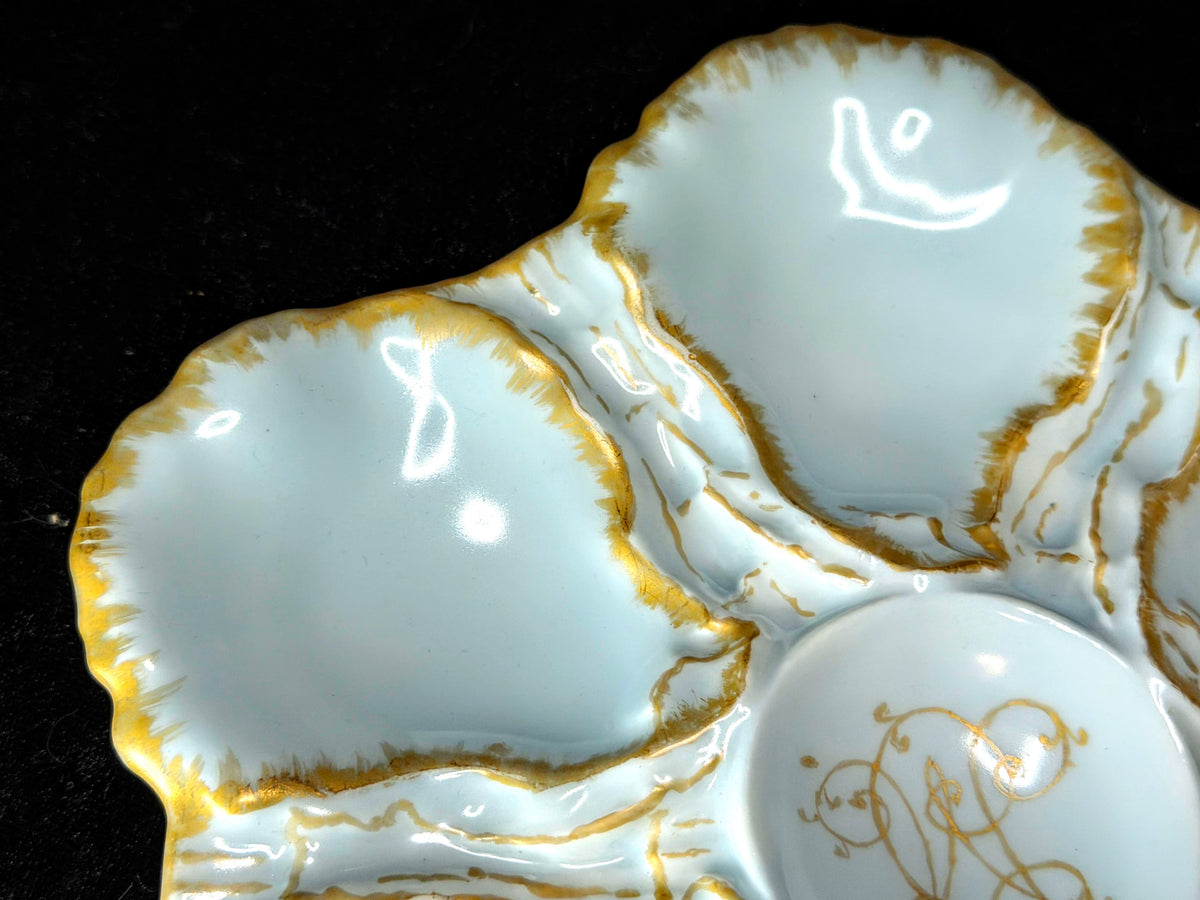 Antique Haviland & Co Limoges Oyster Plate Twinkle Blue Gold Monogram 9" A1041
