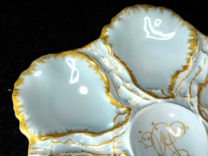 Antique Haviland & Co Limoges Oyster Plate Twinkle Blue Gold Monogram 9" A1041