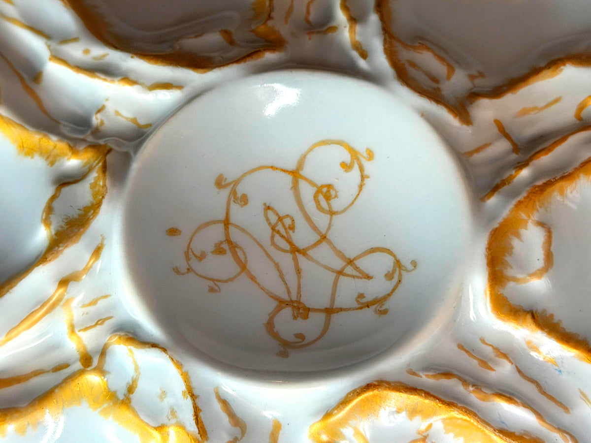 Antique Haviland & Co Limoges Oyster Plate Twinkle Blue Gold Monogram 9" A1041