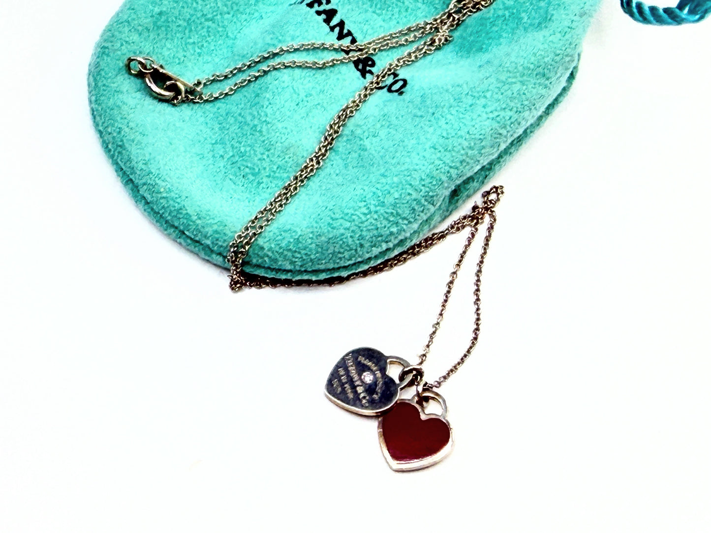 Tiffany 925 Red Enamel Heart Diamond Tag Necklace 18" JR1426