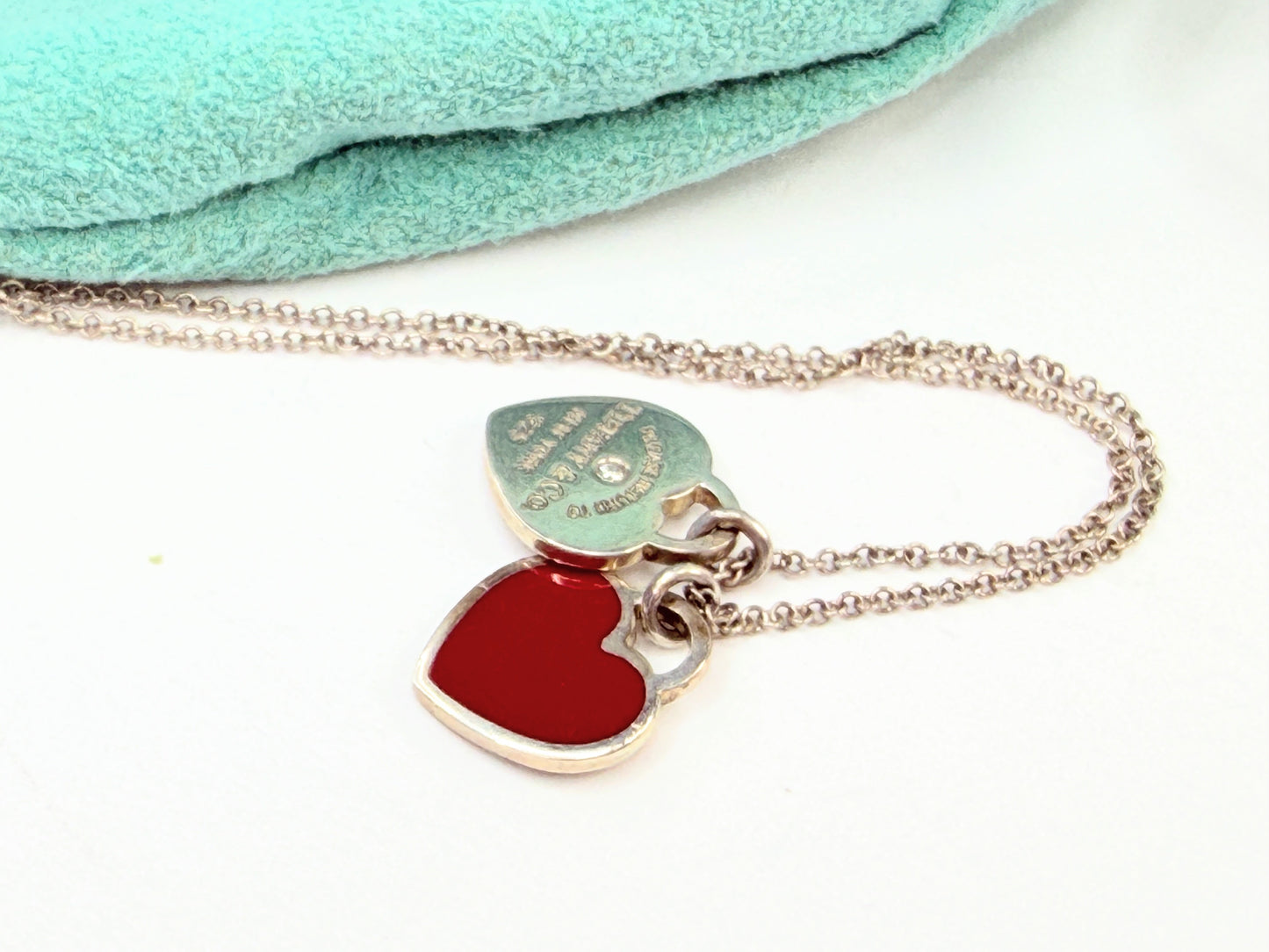 Tiffany 925 Red Enamel Heart Diamond Tag Necklace 18" JR1426