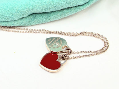 Vintage Tiffany 925 Red Enamel Heart Necklace JR1426
