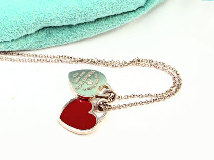 Tiffany 925 Red Enamel Heart Diamond Tag Necklace 18" JR1426