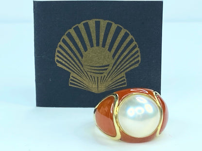 14K yellow gold 12.35mm Mabe Pearl Orange Jade inlaid ring 8.4g s9 JR9167