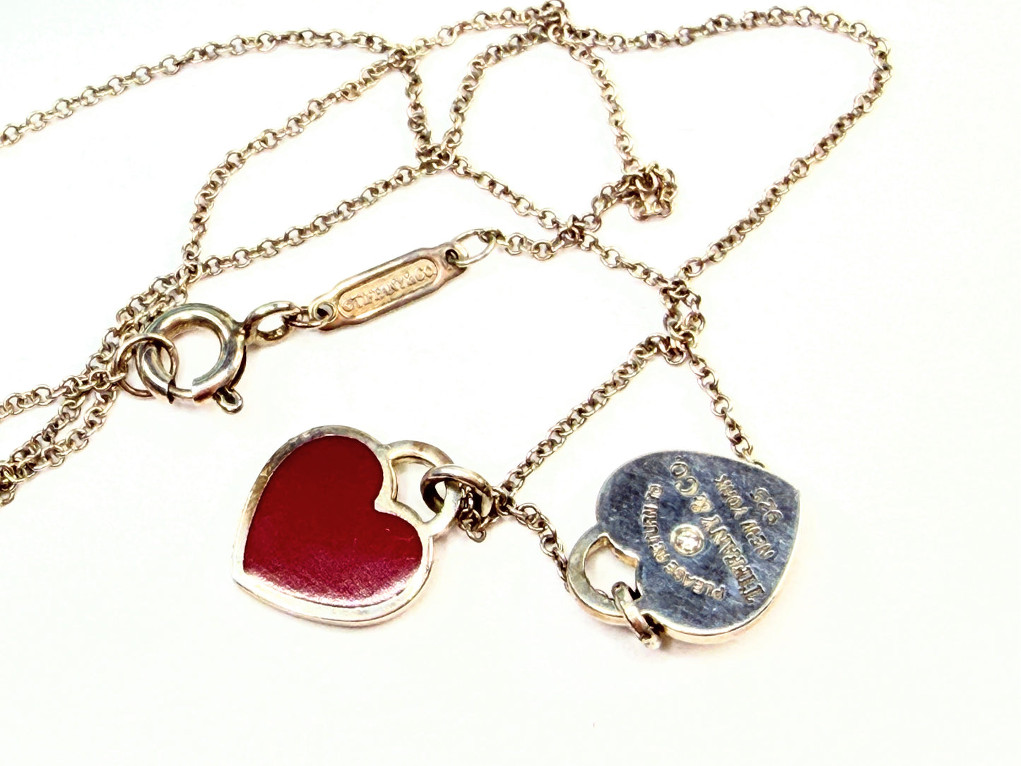 Tiffany 925 Red Enamel Heart Diamond Tag Necklace 18" JR1426