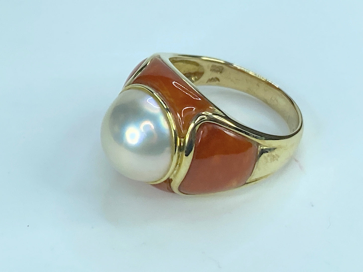 14K yellow gold 12.35mm Mabe Pearl Orange Jade inlaid ring 8.4g s9 JR9167