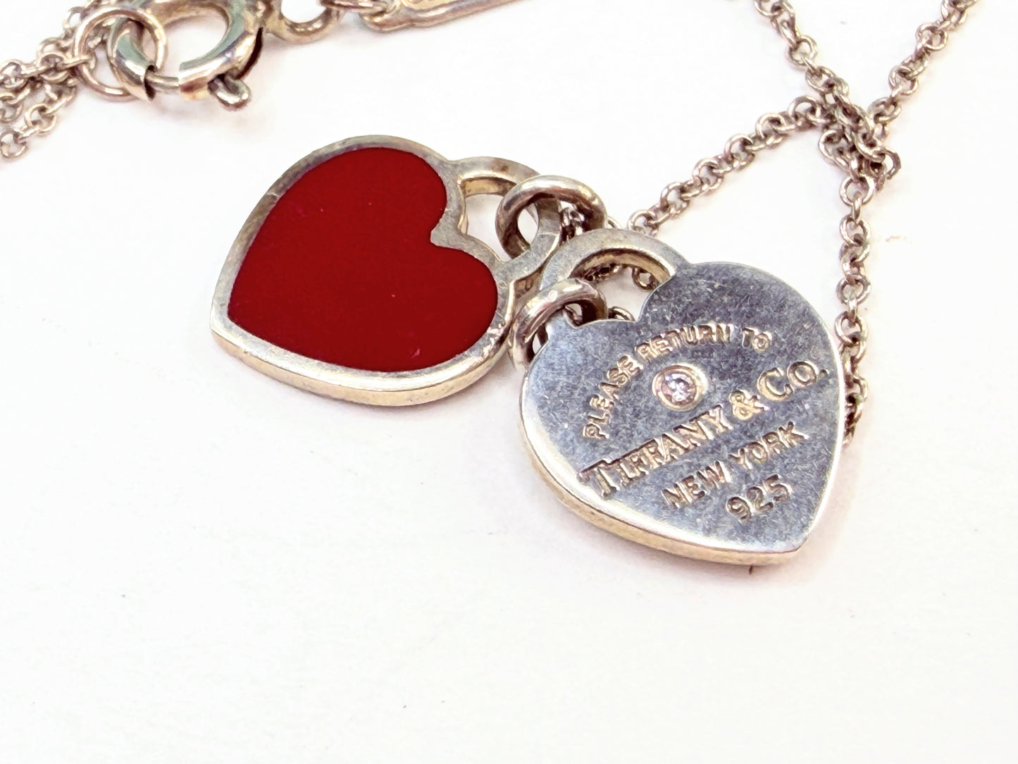 Tiffany 925 Red Enamel Heart Diamond Tag Necklace 18" JR1426