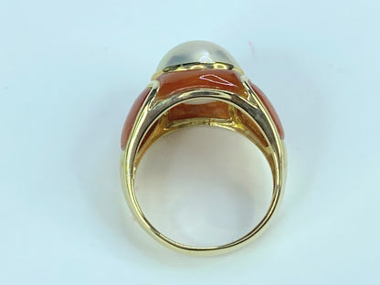 14K yellow gold 12.35mm Mabe Pearl Orange Jade inlaid ring 8.4g s9 JR9167