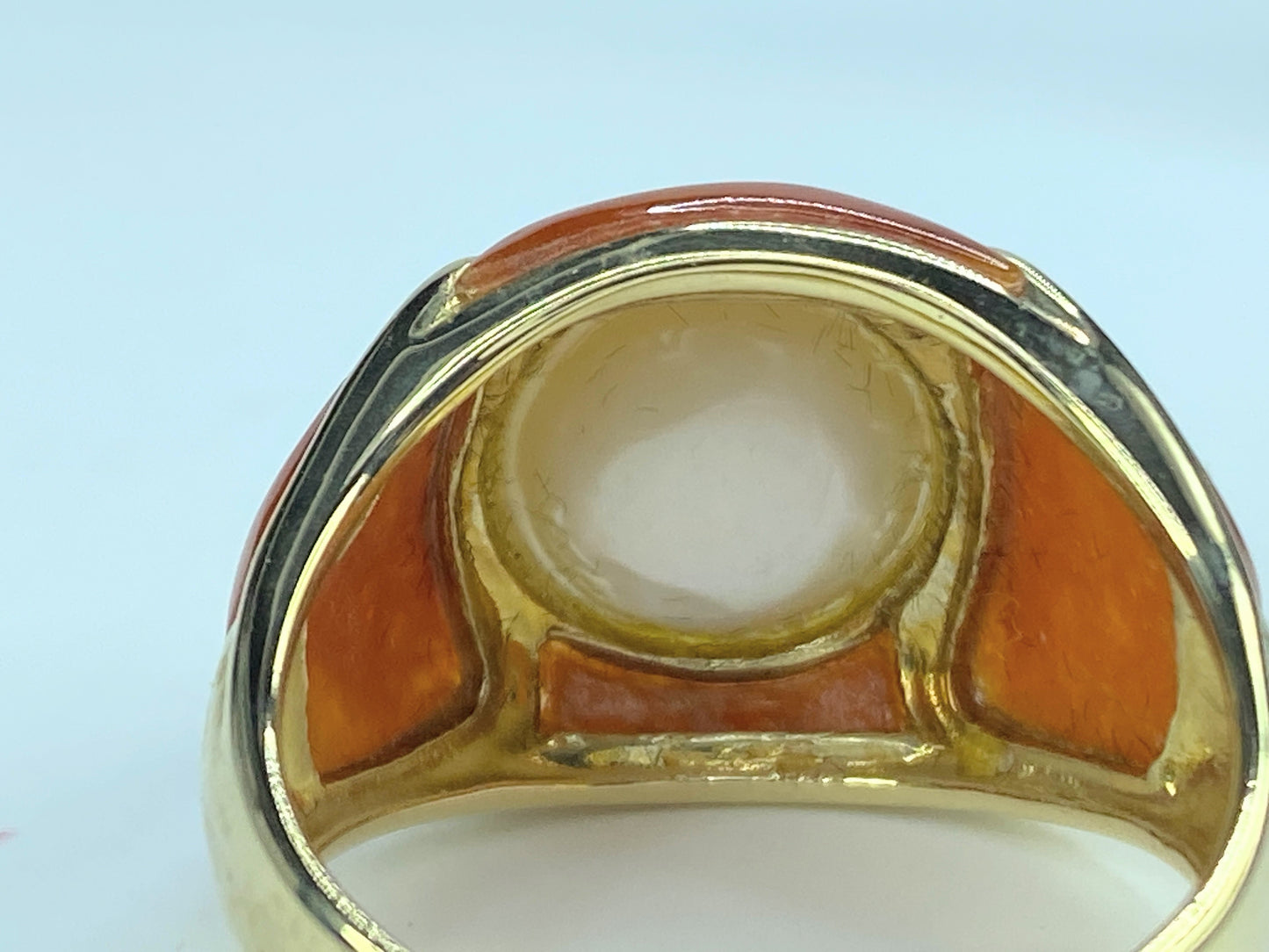 14K yellow gold 12.35mm Mabe Pearl Orange Jade inlaid ring 8.4g s9 JR9167