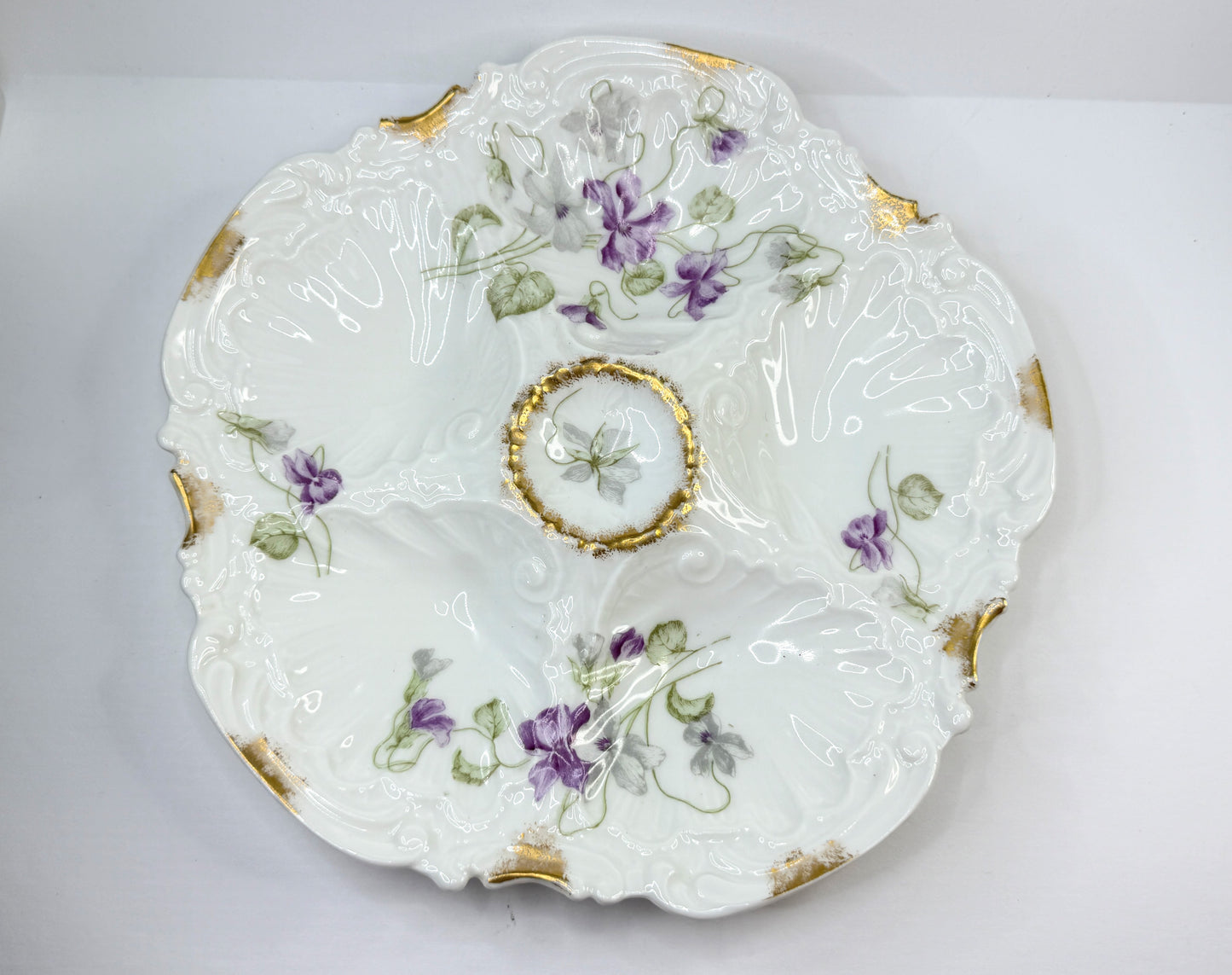 Antique Elite Limoges Oyster Plate with Hand-Painted Violets A825
