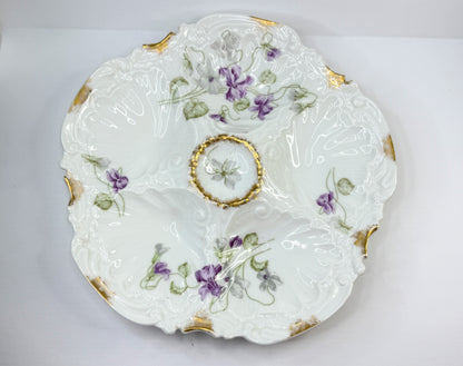 Antique Elite Limoges Oyster Plate with Hand-Painted Violets A825