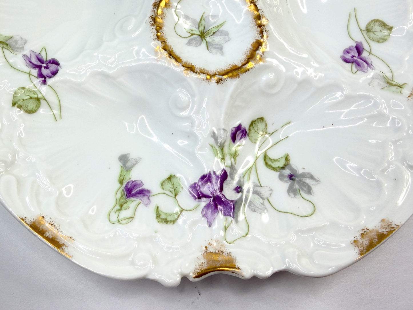 Antique Elite Limoges Oyster Plate with Hand-Painted Violets A825