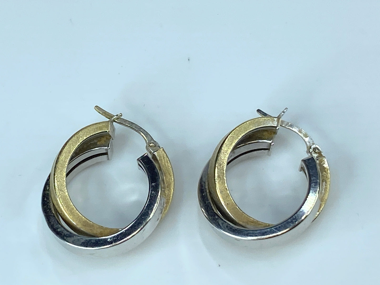 Italy 14K bi-color Satin surface double Hoop dangle earrings