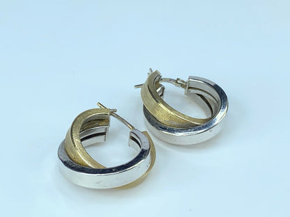 Italy 14K bi-color Satin surface double Hoop dangle earrings