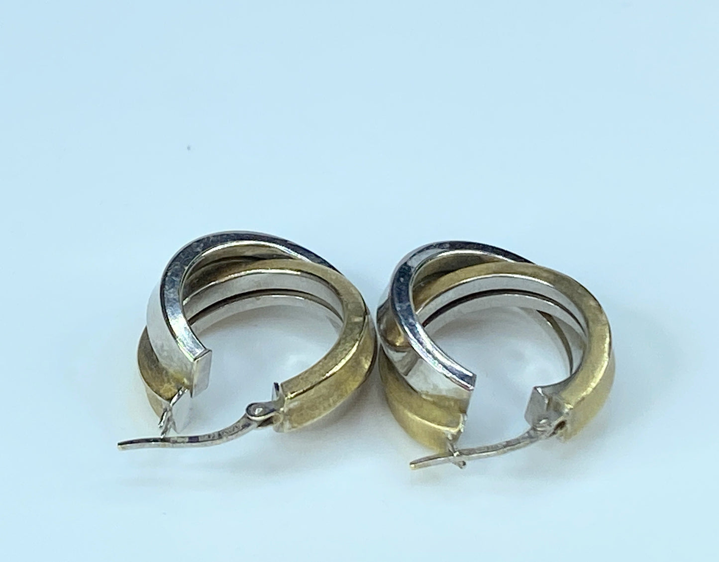 Italy 14K bi-color Satin surface double Hoop dangle earrings