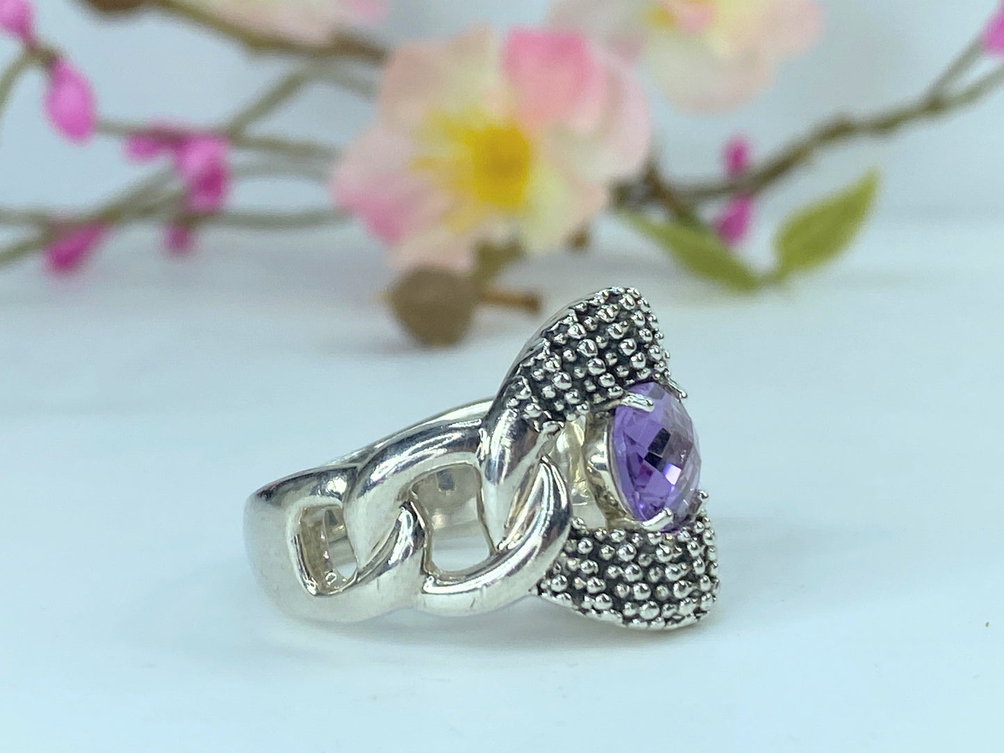 Michael Dawkins 925 Sterling Silver Amethyst bead set ring 13.8g s 7.75 JR9638