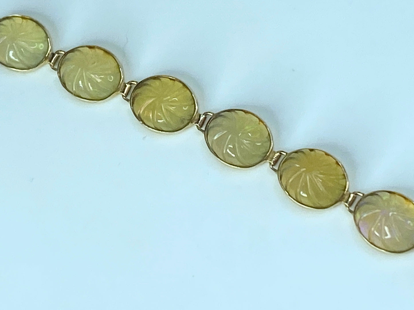 Mid-Century 14K yellow gold 28.2ct Carved oval Opal link bracelet 8.25" JR517
