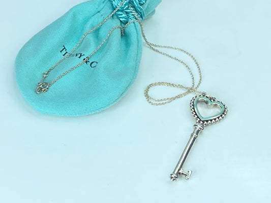 Tiffany Sterling Silver Enamel Beaded Heart Key Pendant Necklace Blue 16" JR896