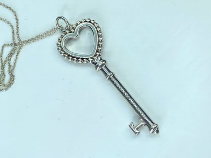 Tiffany Sterling Silver Enamel Beaded Heart Key Pendant Necklace Blue 16" JR896