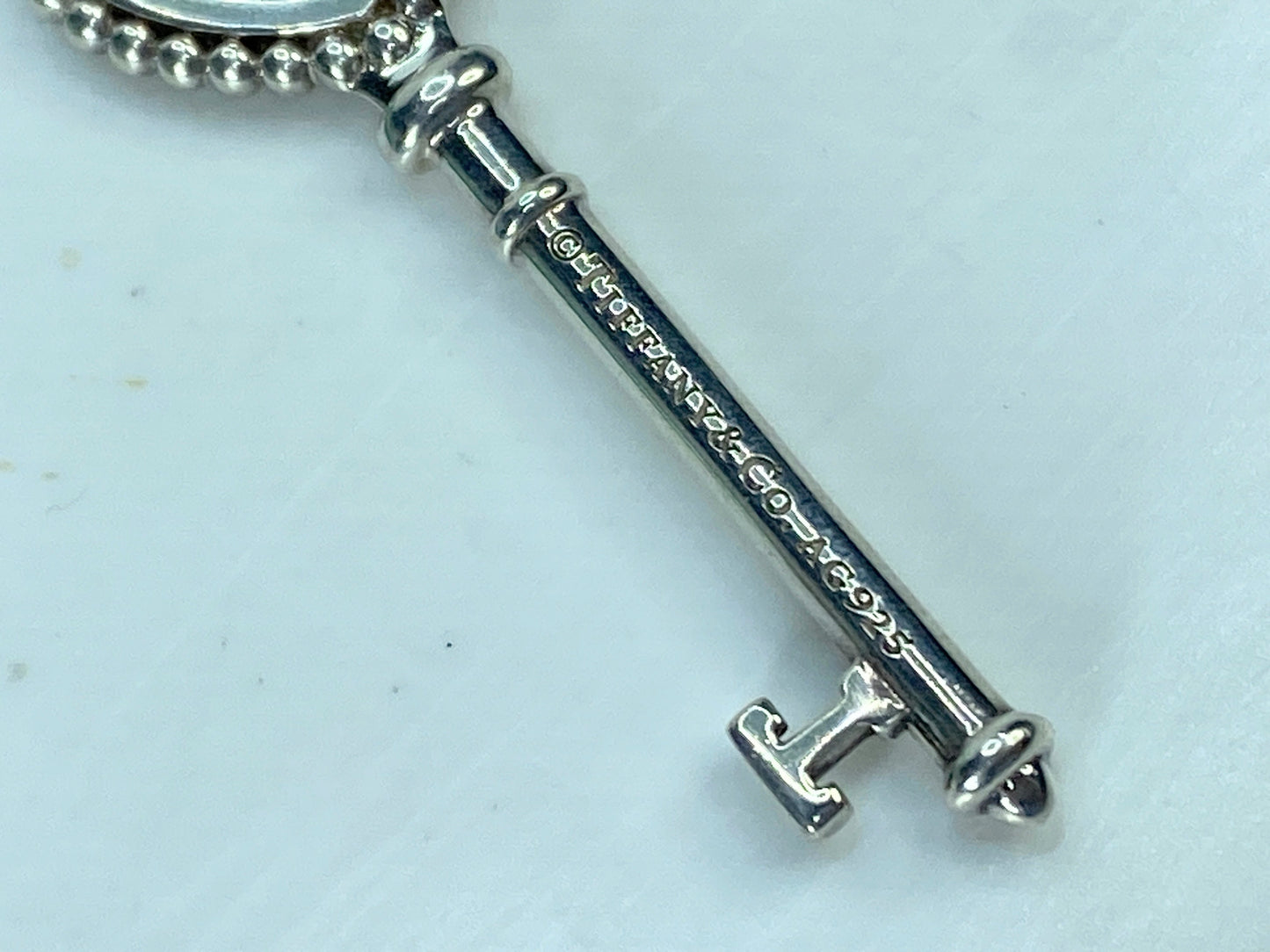 Tiffany Sterling Silver Enamel Beaded Heart Key Pendant Necklace Blue 16" JR896