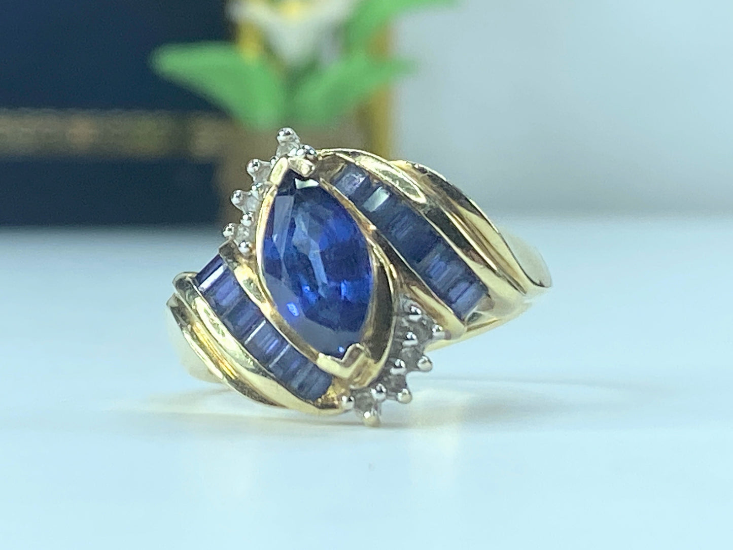 10k Yellow gold 1.35ct Marquis/Square cut Sapphires Diamond Ring s6.75 JR518