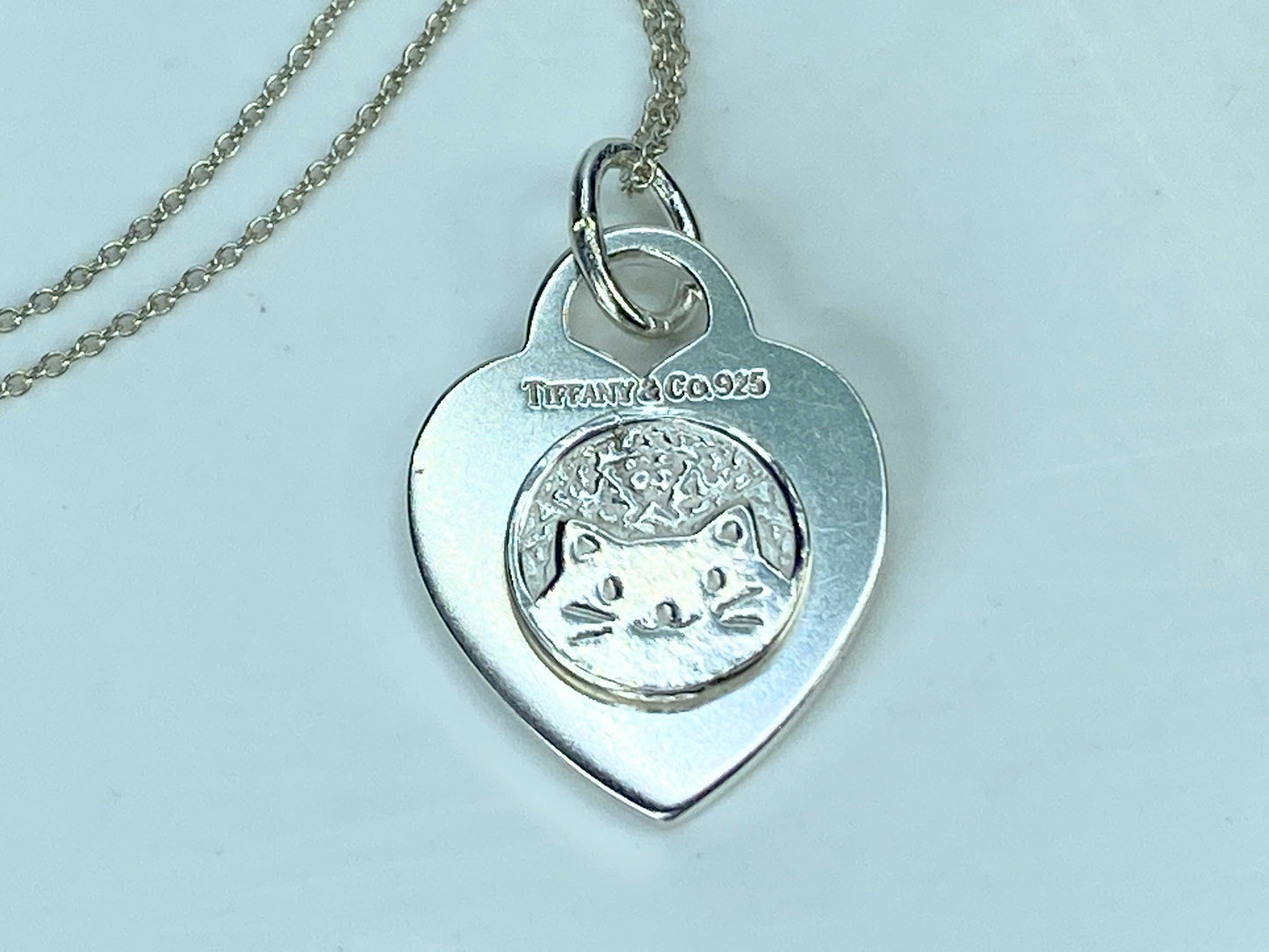 Customized Bedazzled Embellished Tiffany Silver Cat Heart Tag necklace 16" JR897