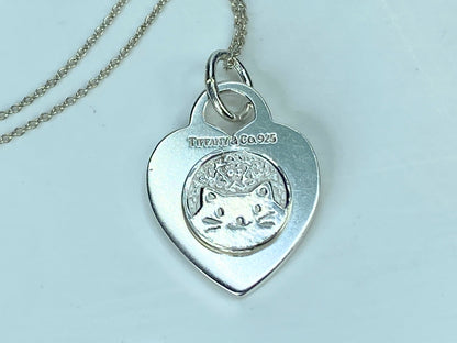 Customized Bedazzled Embellished Tiffany Silver Cat Heart Tag necklace 16" JR897
