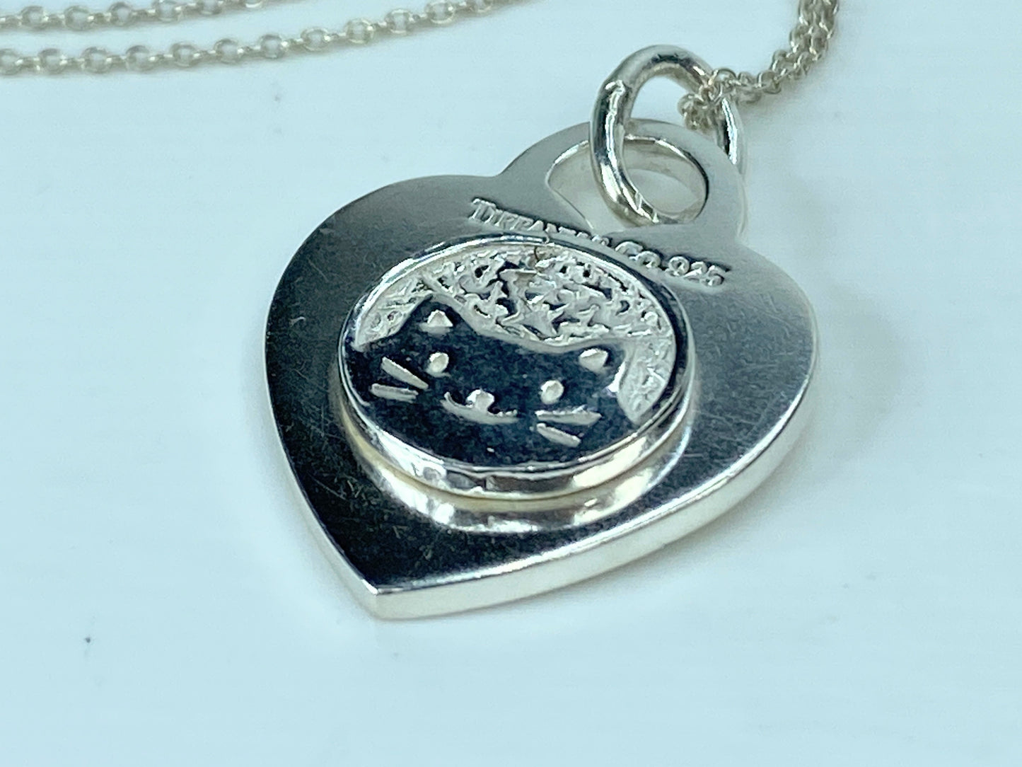 Customized Bedazzled Embellished Tiffany Silver Cat Heart Tag necklace 16" JR897