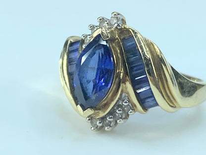 10k Yellow gold 1.35ct Marquis/Square cut Sapphires Diamond Ring s6.75 JR518