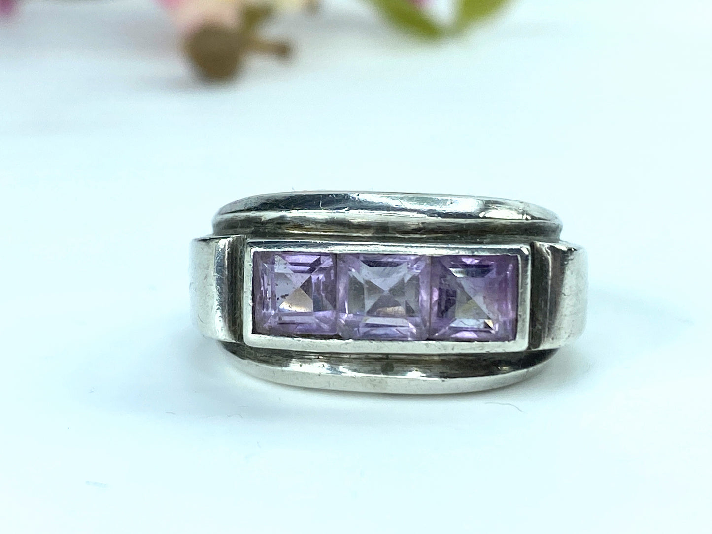 Handmade vintage Square Amethyst sterling silver modernist ring s7.5 JR9647