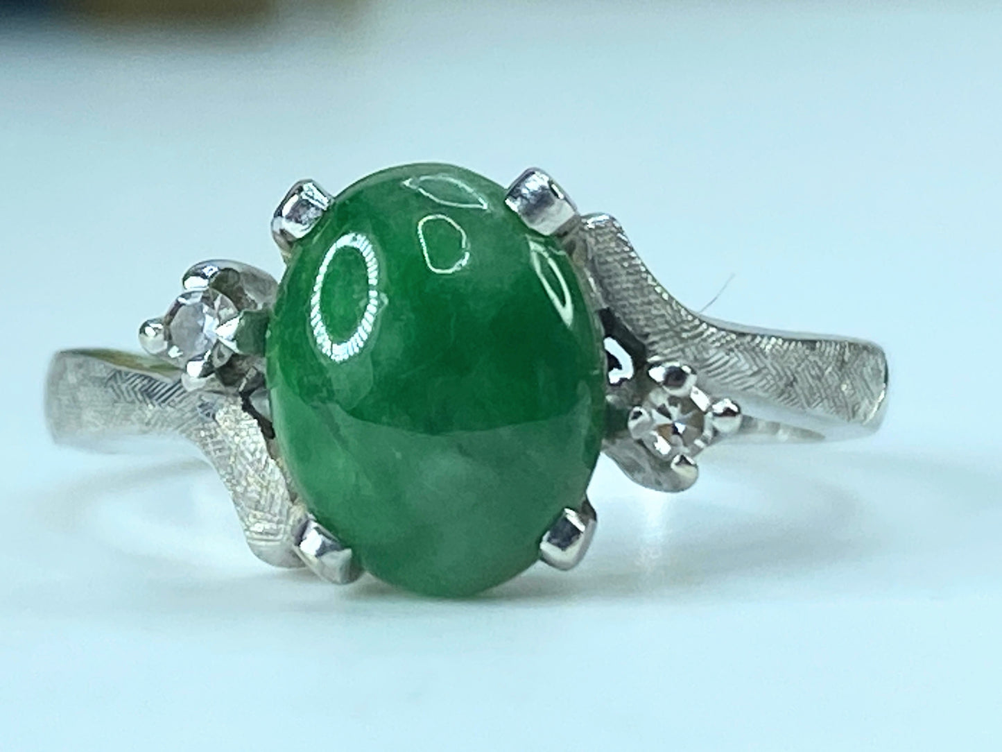 Art Deco 14K white gold Natural Fei Cui Jade Diamond Cocktail Ring s6.5 JR520