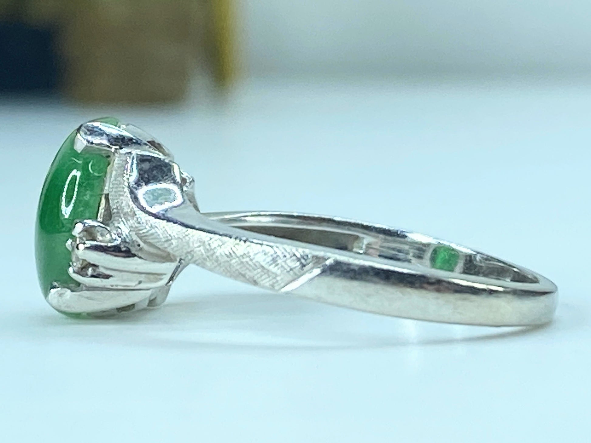 Art Deco 14K white gold Natural Fei Cui Jade Diamond Cocktail Ring s6.5 JR520