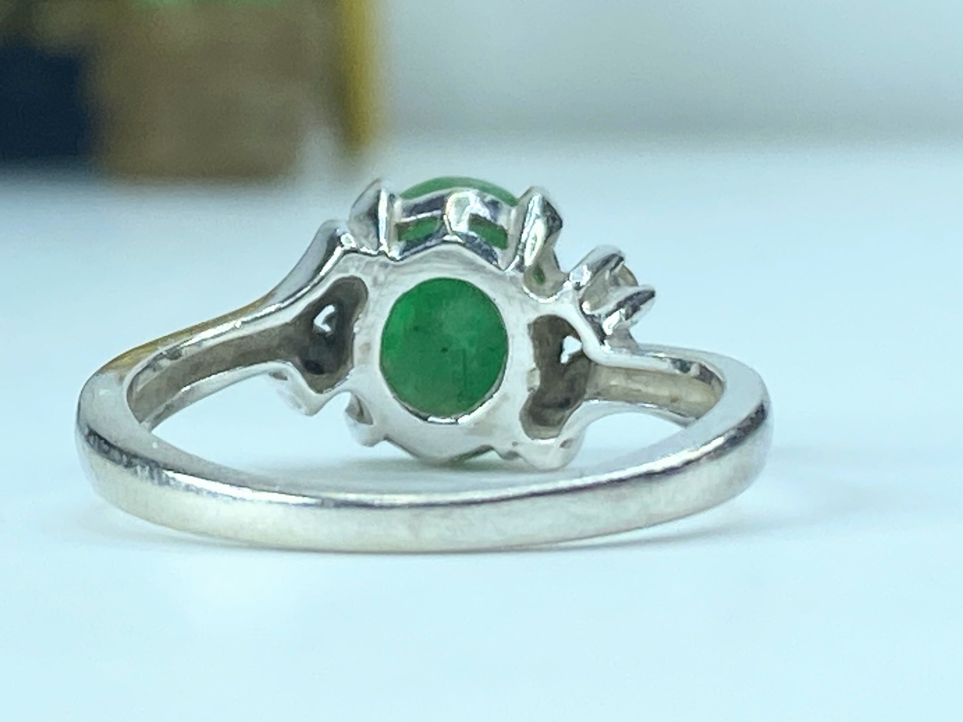Art Deco 14K white gold Natural Fei Cui Jade Diamond Cocktail Ring s6.5 JR520