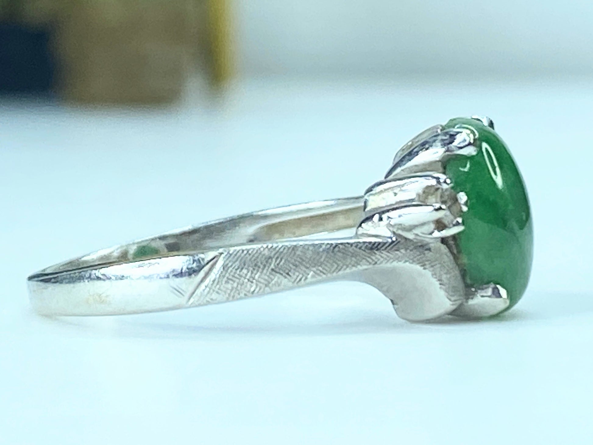 Art Deco 14K white gold Natural Fei Cui Jade Diamond Cocktail Ring s6.5 JR520