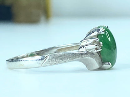 Art Deco 14K white gold Natural Fei Cui Jade Diamond Cocktail Ring s6.5 JR520
