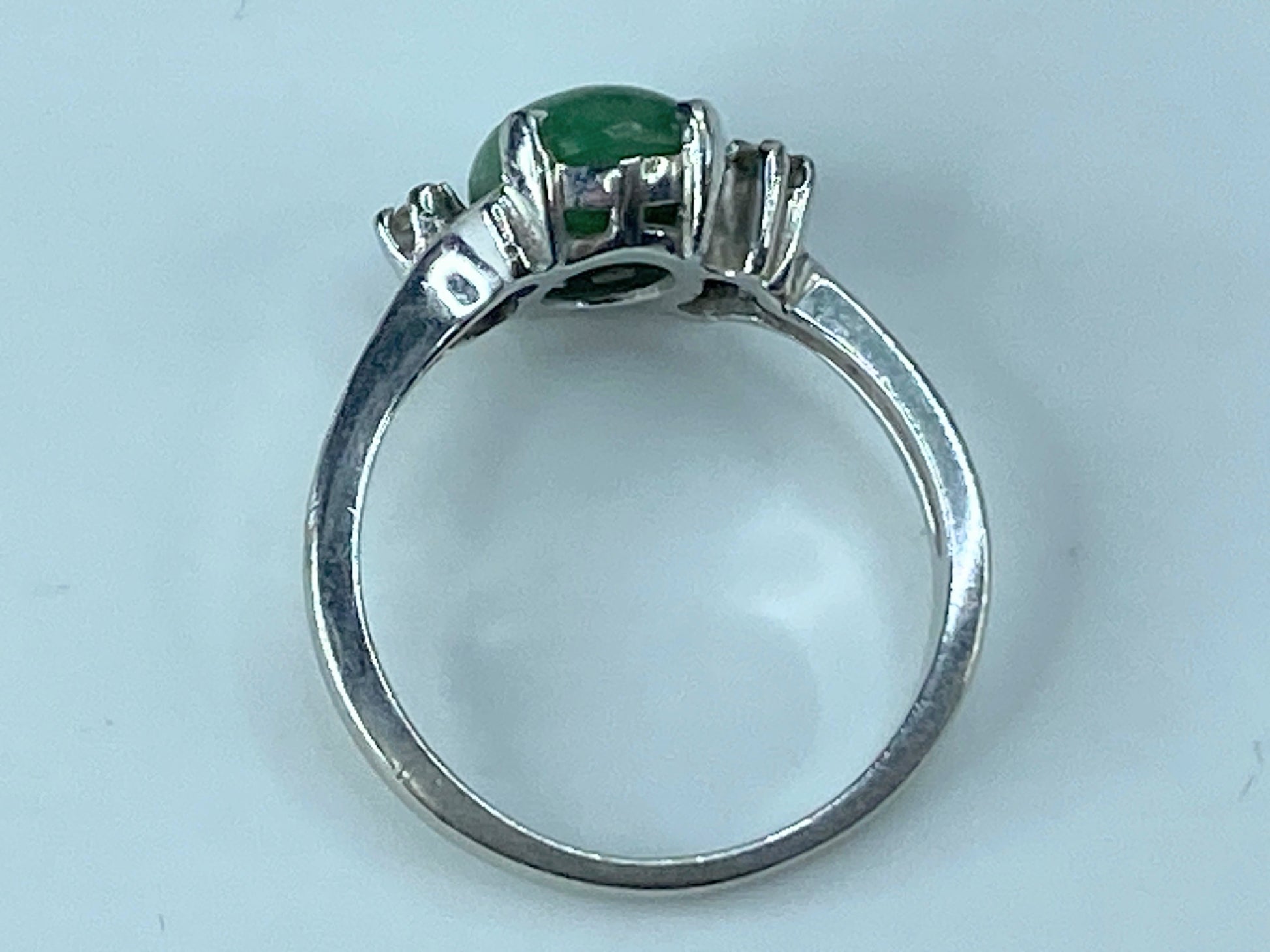 Art Deco 14K white gold Natural Fei Cui Jade Diamond Cocktail Ring s6.5 JR520