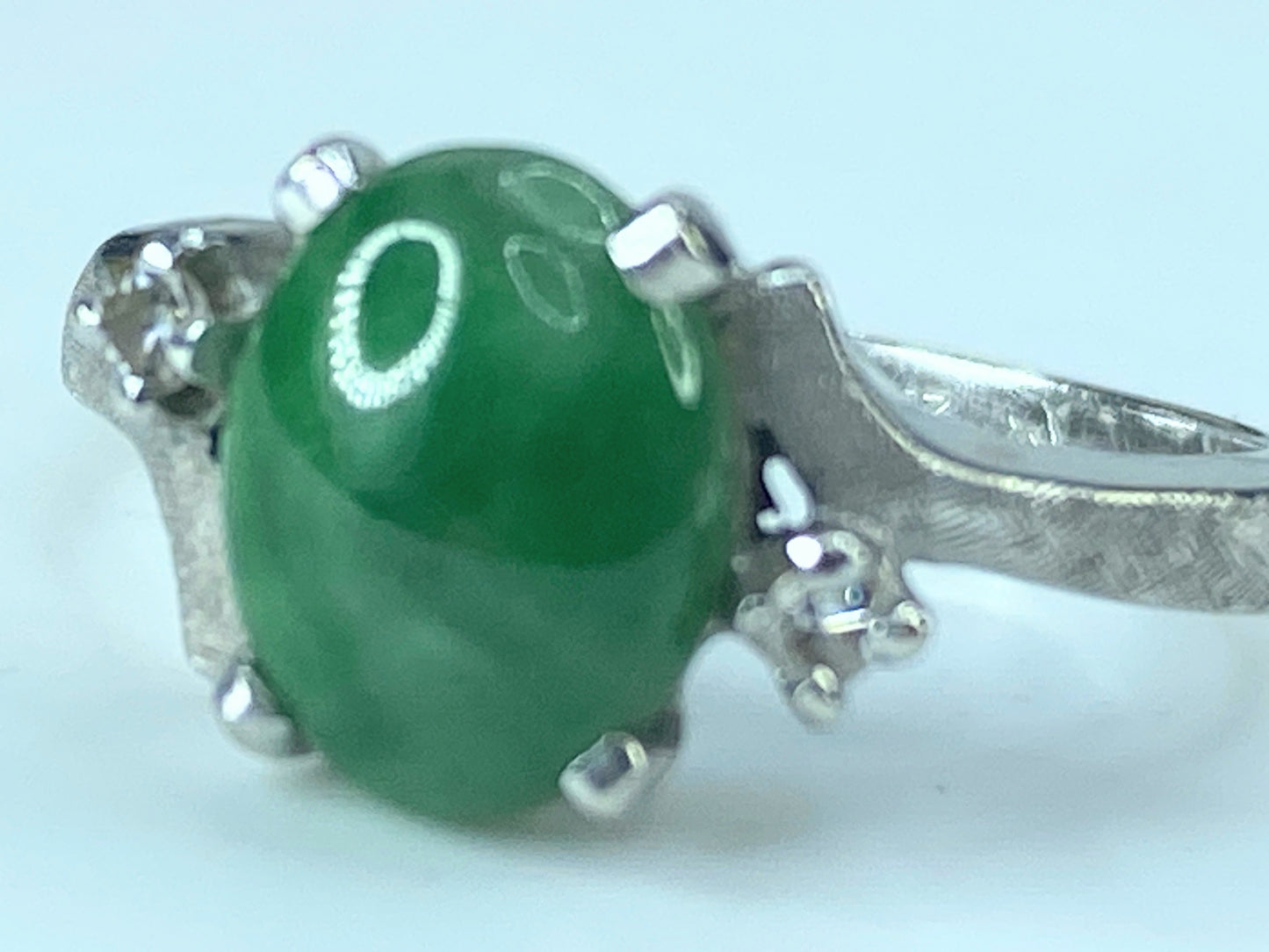 Art Deco 14K white gold Natural Fei Cui Jade Diamond Cocktail Ring s6.5 JR520