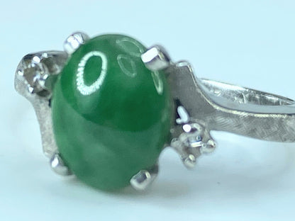Art Deco 14K white gold Natural Fei Cui Jade Diamond Cocktail Ring s6.5 JR520