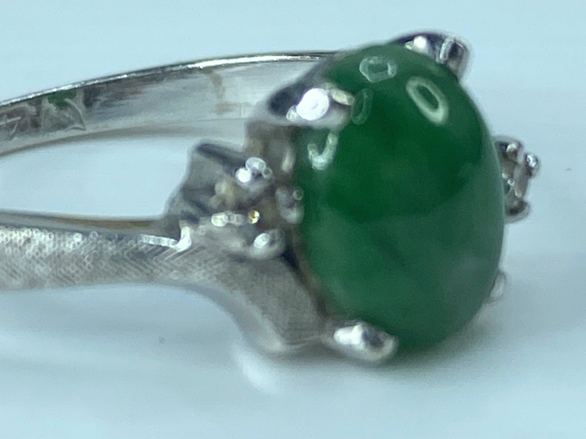 Art Deco 14K white gold Natural Fei Cui Jade Diamond Cocktail Ring s6.5 JR520