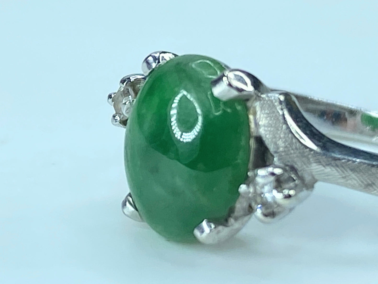 Art Deco 14K white gold Natural Fei Cui Jade Diamond Cocktail Ring s6.5 JR520